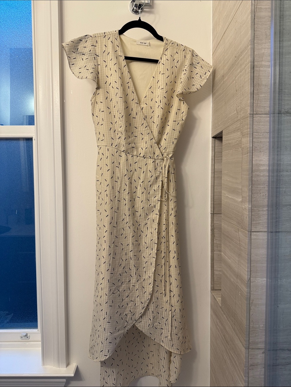 Mod Ref Cream Wrap High-Low Dress with Navy Dash Print